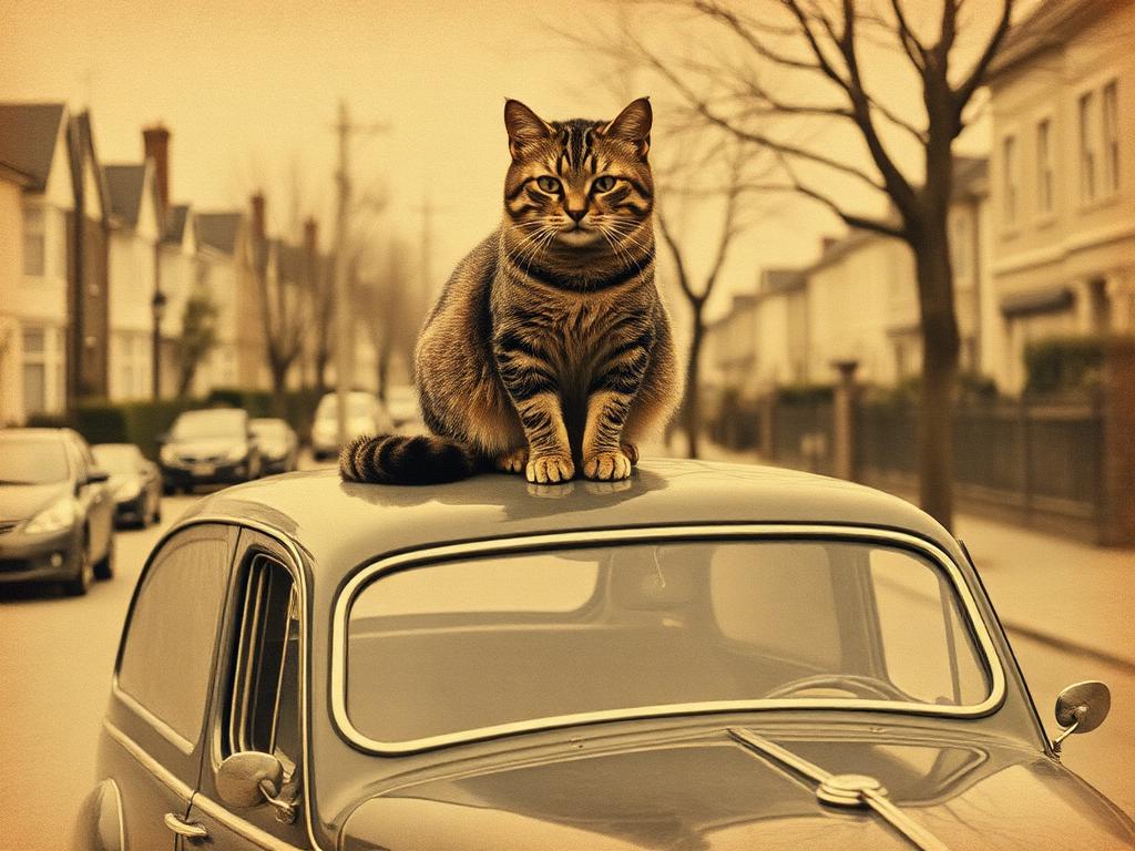 Sepia press photograph of a smug cat on a car roof at dusk