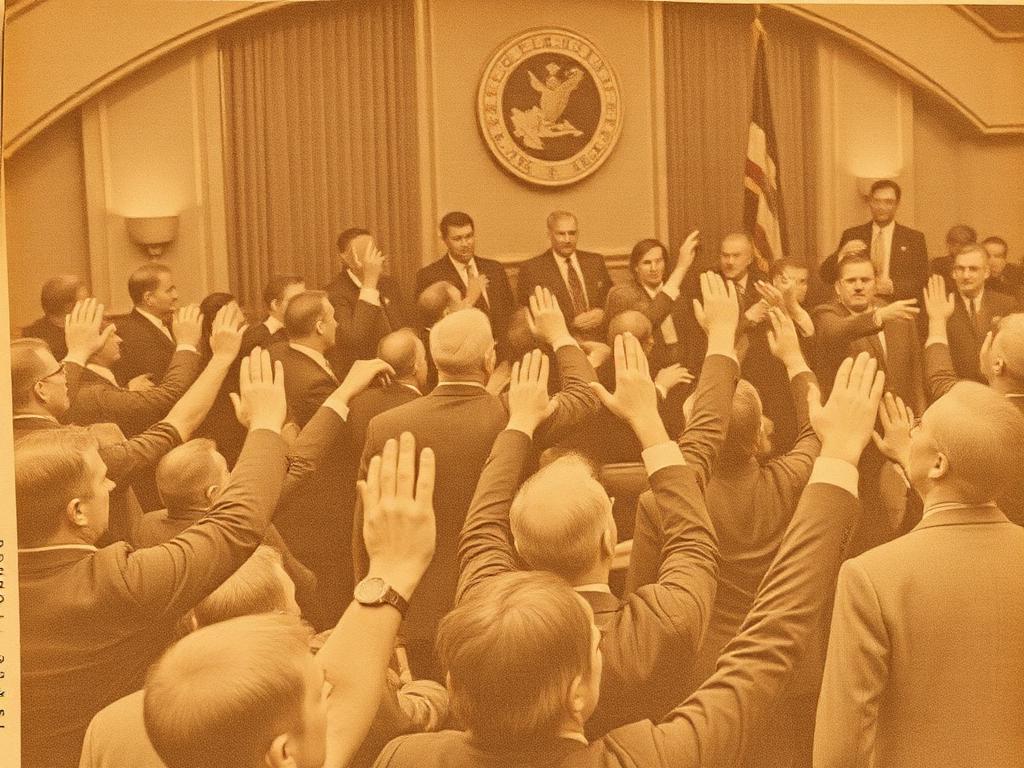 Sepia press photograph of a crowded council meeting with many raised hands
