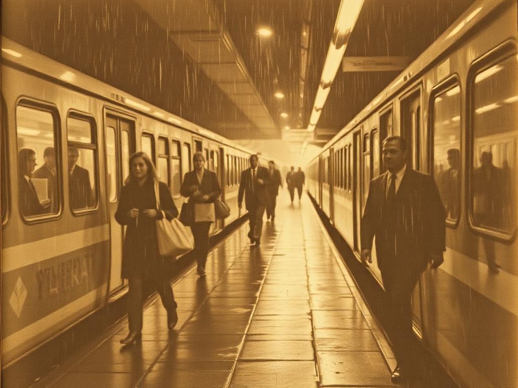 Sepia press photograph of a rain-soaked train platform with blurred commuters